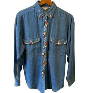 Rare Vintage 1970's Rose & Pearl Embroidered Shirt Pink Glittery Denim Womens M